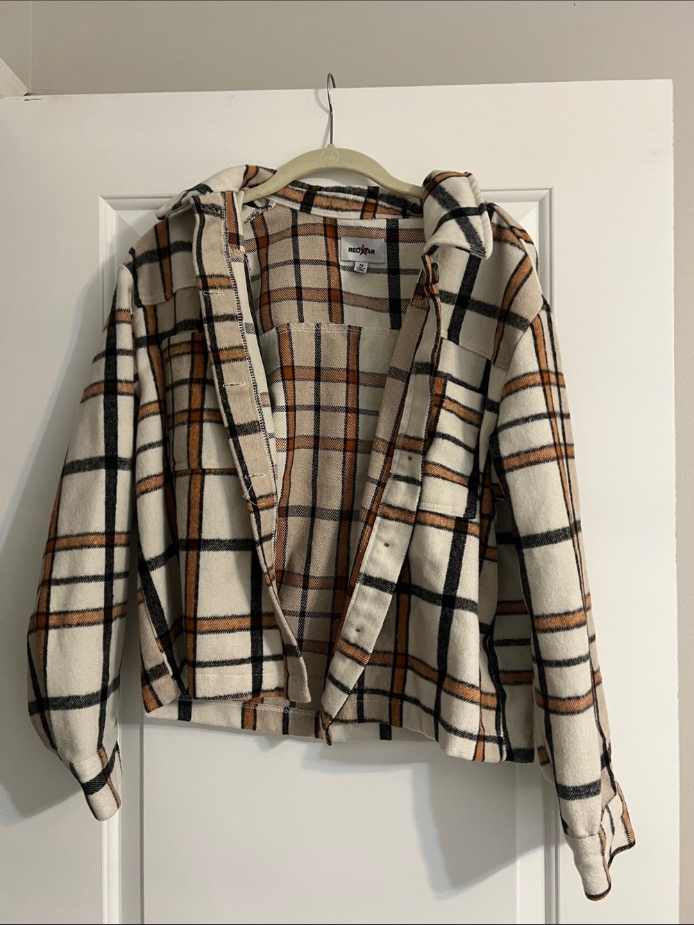 Plaid Cream and Brown Teddy Shacket with Hood